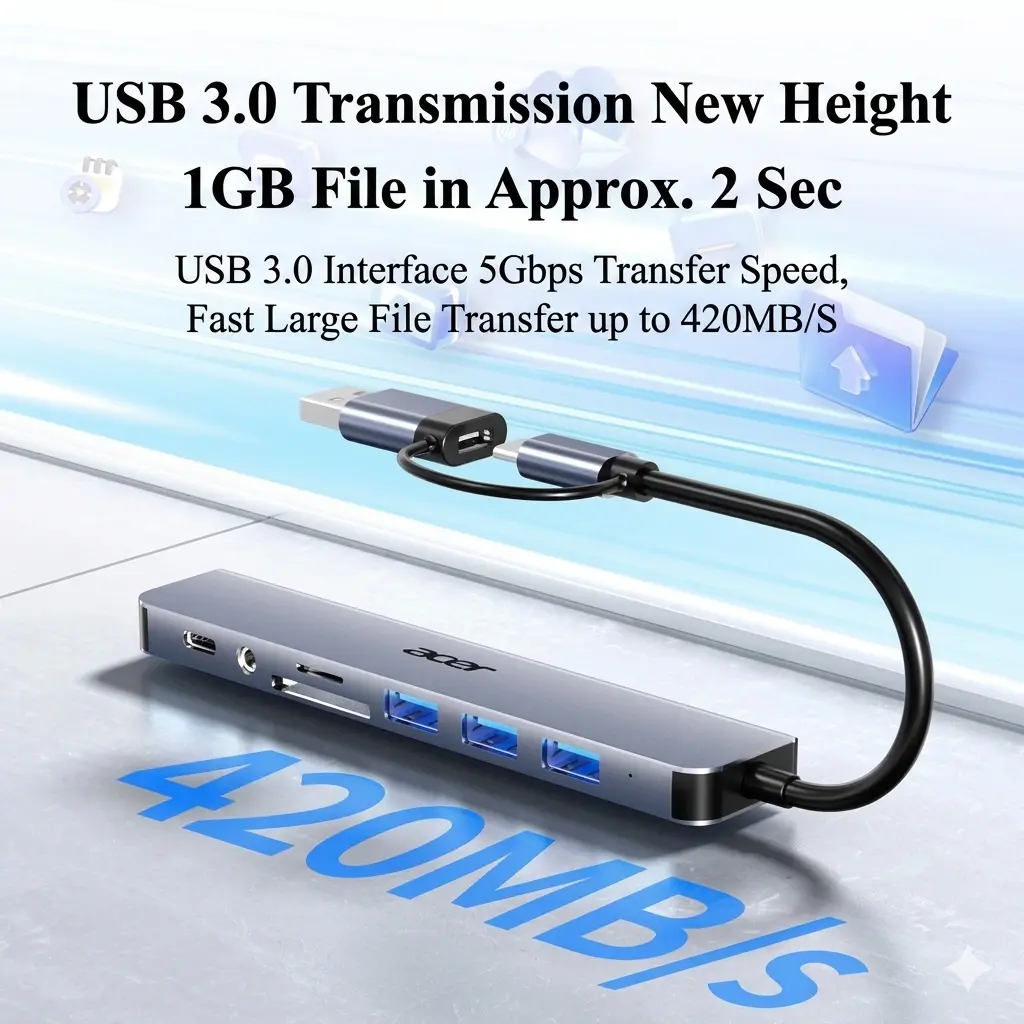 alt="Acer 8-in-1 টাইপ-C স্মার্ট ডক – মাল্টি-পোর্ট USB 3.0 হাব ও TF/SD কার্ড রিডার"