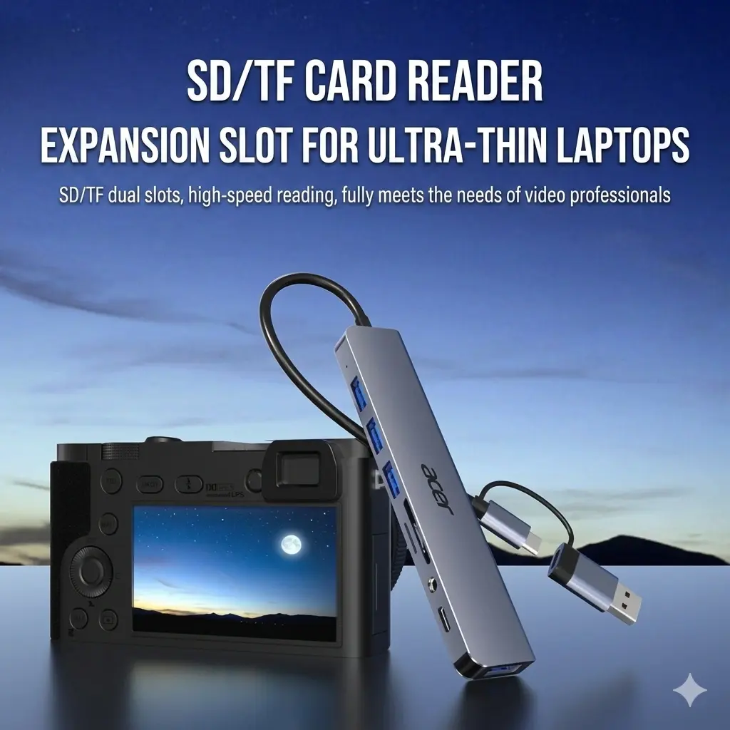 alt="Acer 8-in-1 টাইপ-C স্মার্ট ডক – মাল্টি-পোর্ট USB 3.0 হাব ও TF/SD কার্ড রিডার"