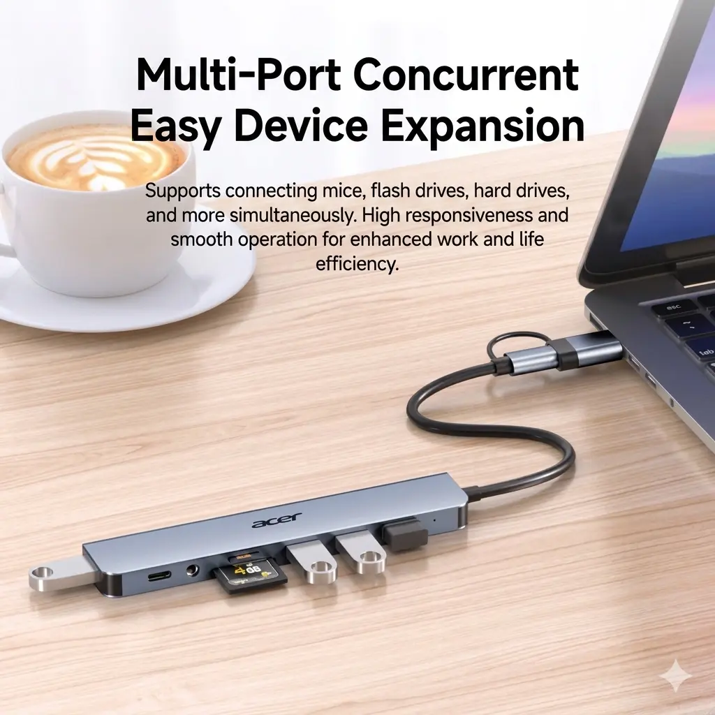 alt="Acer 8-in-1 টাইপ-C স্মার্ট ডক – মাল্টি-পোর্ট USB 3.0 হাব ও TF/SD কার্ড রিডার"