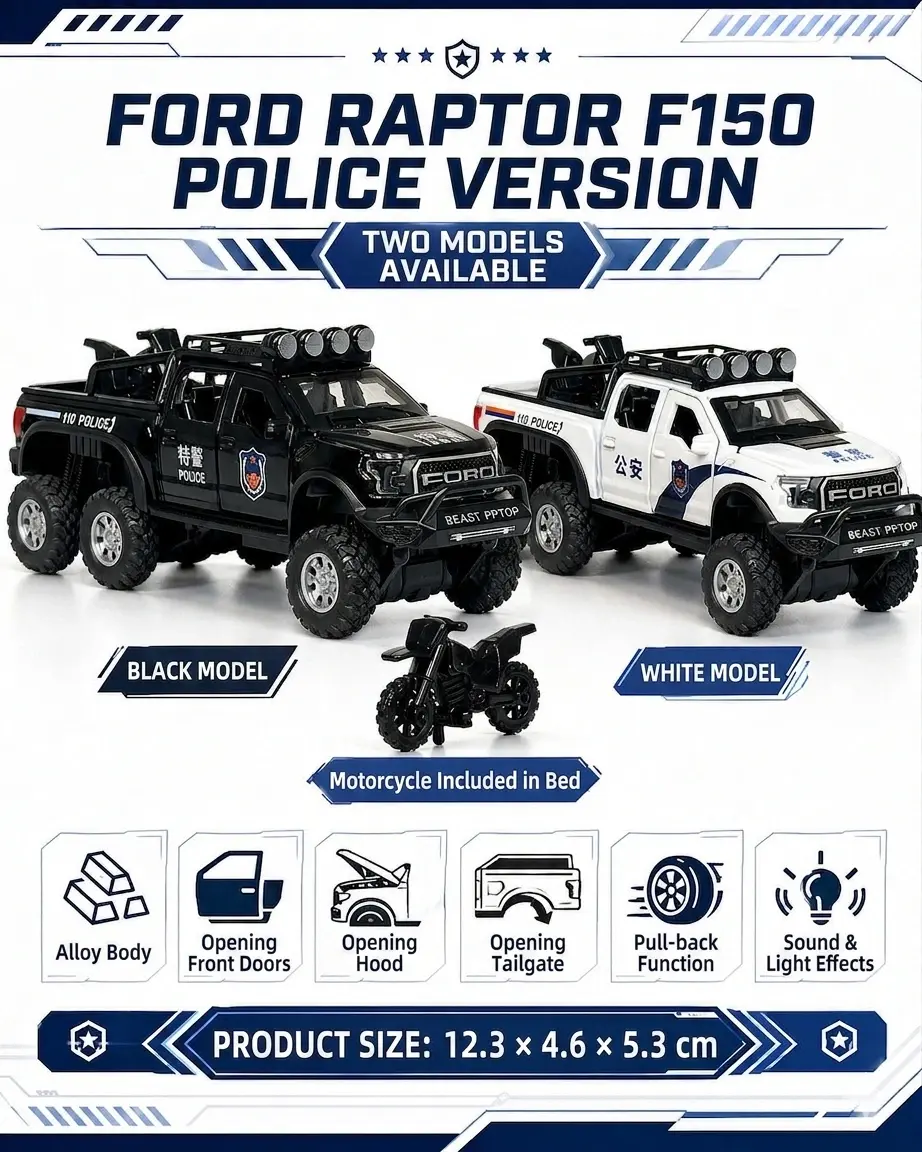 Alloy Ford Raptor, F-150 Light and Sound Police Car