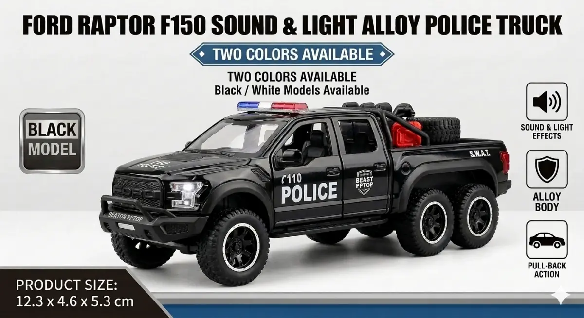 Alloy Ford Raptor, F-150 Light and Sound Police Car