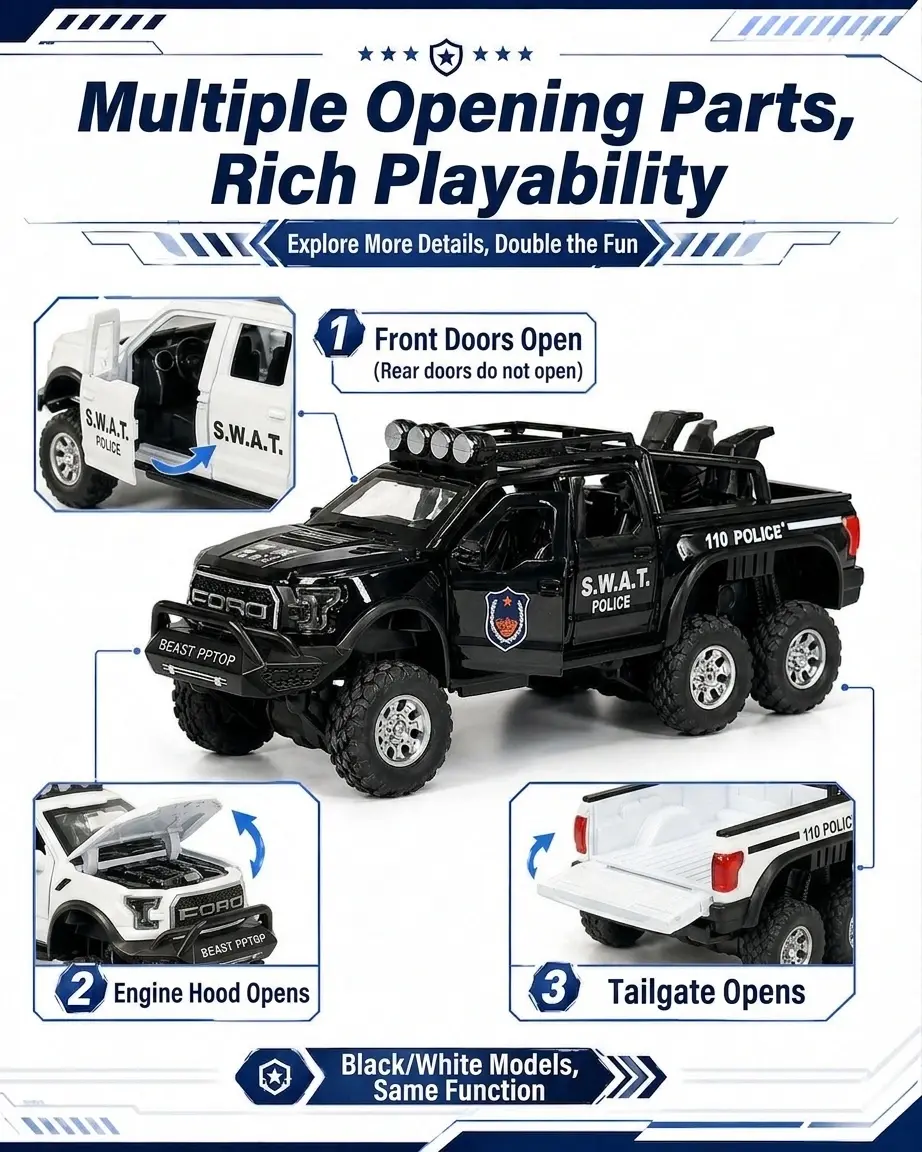 Alloy Ford Raptor, F-150 Light and Sound Police Car