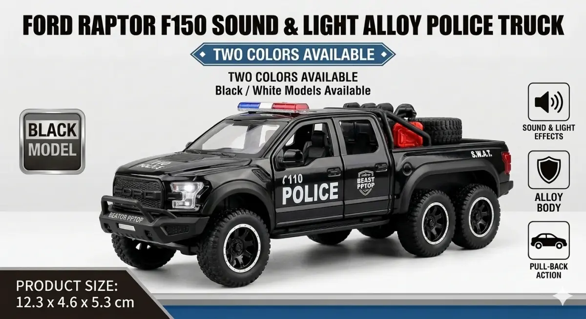Alloy Ford Raptor, F-150 Light and Sound Police Car