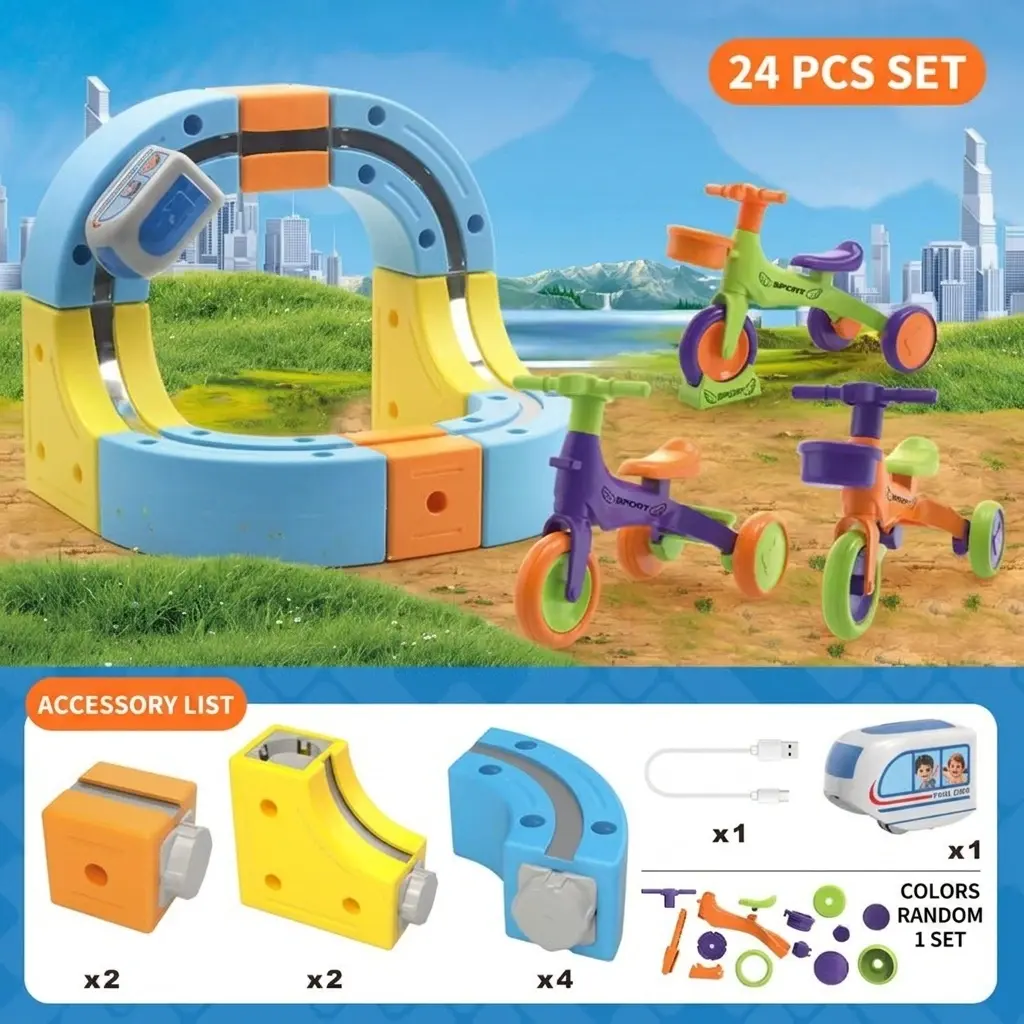 Versatile Magnetic Track Car - 24pcs [with 1 car + DIY tricycle]