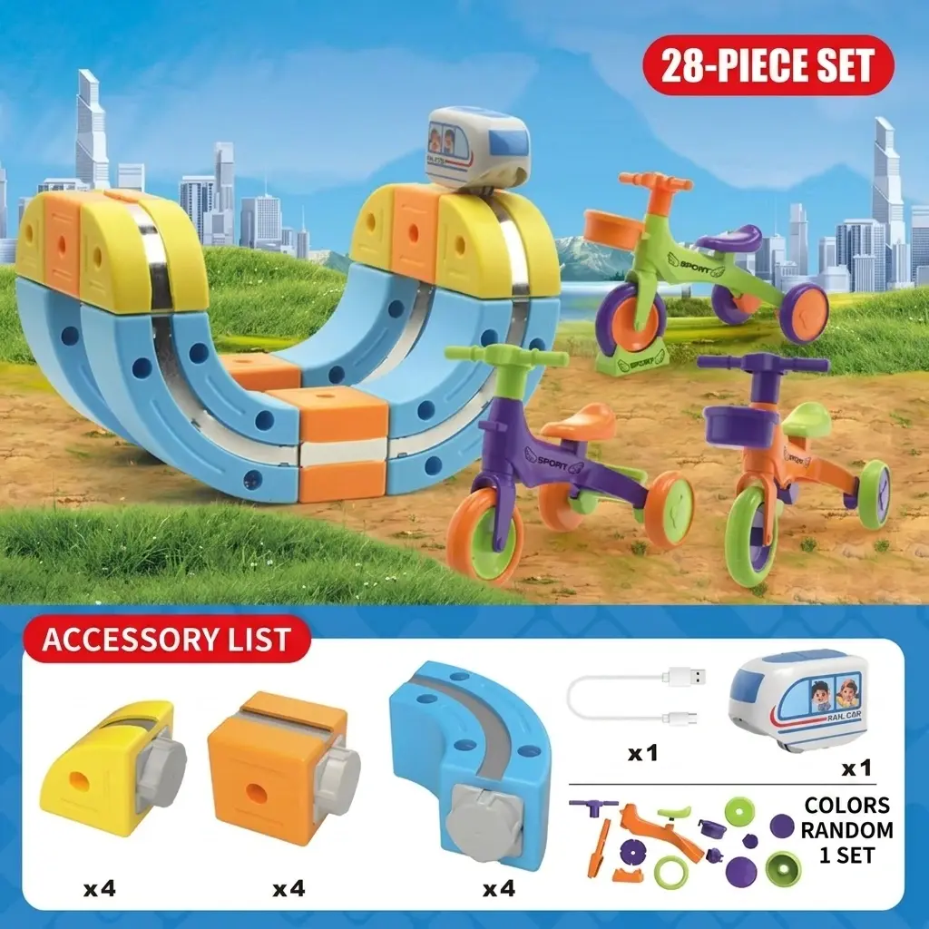 Versatile Magnetic Track Car - 28pcs [with 1 car + DIY tricycle]