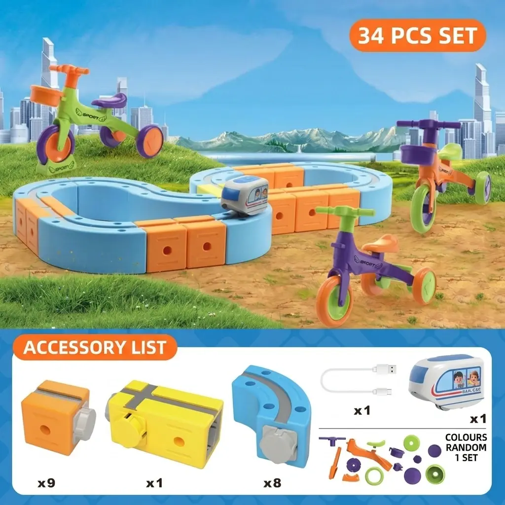 Versatile Magnetic Track Car - 34pcs [with 1 car + DIY tricycle]