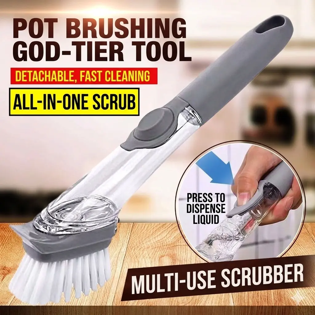 alt="Automatic Liquid Dispensing Pot Scrubber Brush – প্রিমিয়াম লং হ্যান্ডেল কিচেন ক্লিনিং ব্রাশ"
