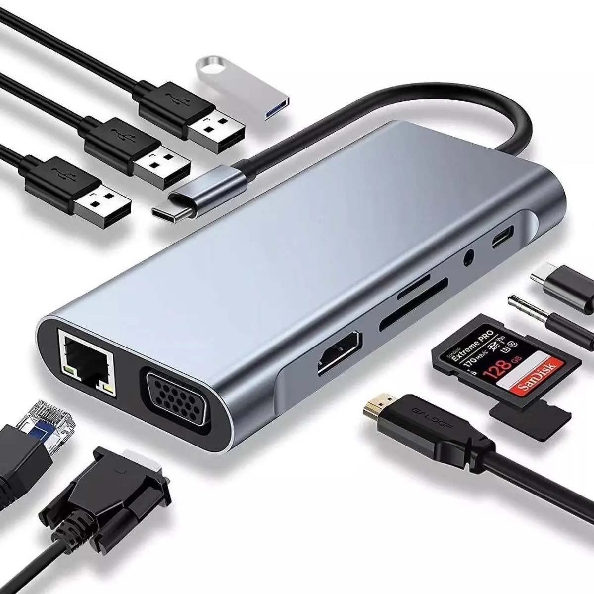 alt="Grwibeou 11-in-1 টাইপ-C মাল্টি-পোর্ট হাব – HDMI ও নেটওয়ার্ক সাপোর্টসহ স্মার্ট ডকিং স্টেশন"
