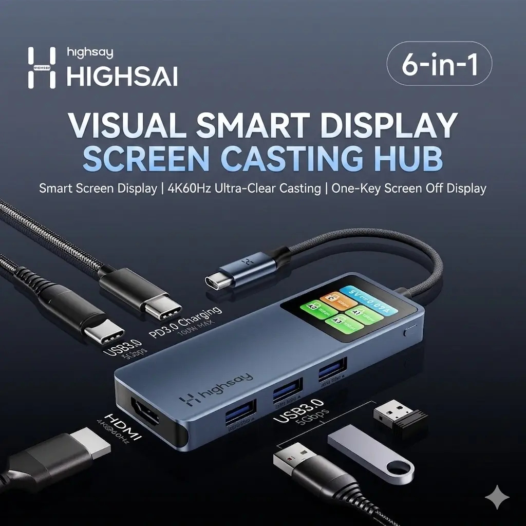 alt="HaiSaiLi HC6 Pro প্রিমিয়াম 6-in-1 টাইপ-C হাব – 4K HDMI, 100W PD চার্জিং ও USB 3.0 এক্সপানশন ডক"
