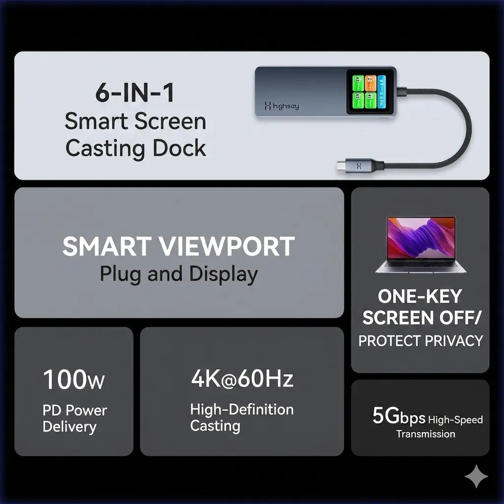 alt="HaiSaiLi HC6 Pro প্রিমিয়াম 6-in-1 টাইপ-C হাব – 4K HDMI, 100W PD চার্জিং ও USB 3.0 এক্সপানশন ডক"