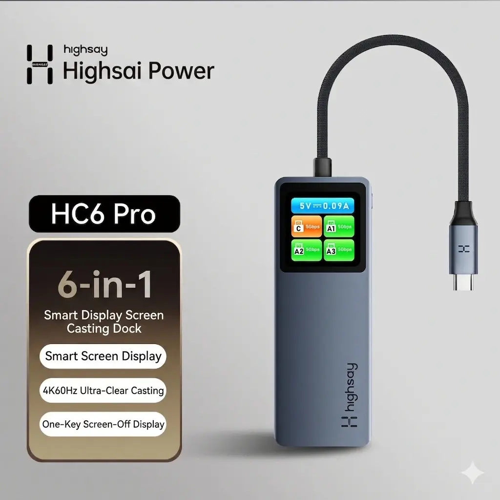 alt="HaiSaiLi HC6 Pro প্রিমিয়াম 6-in-1 টাইপ-C হাব – 4K HDMI, 100W PD চার্জিং ও USB 3.0 এক্সপানশন ডক"