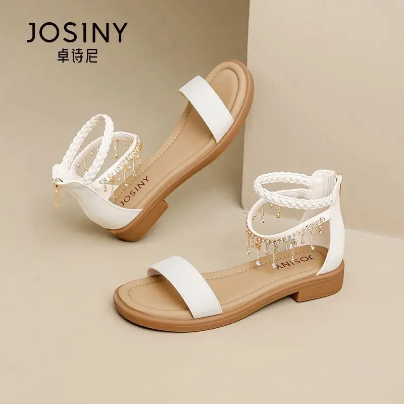 alt="Josiny প্রিমিয়াম বোহেমিয়ান ফ্ল্যাট স্যান্ডেল – রাইনস্টোন ও বিডেড ডিজাইনের সামার ফ্যাশন ওপেন টো স্যান্ডেল"