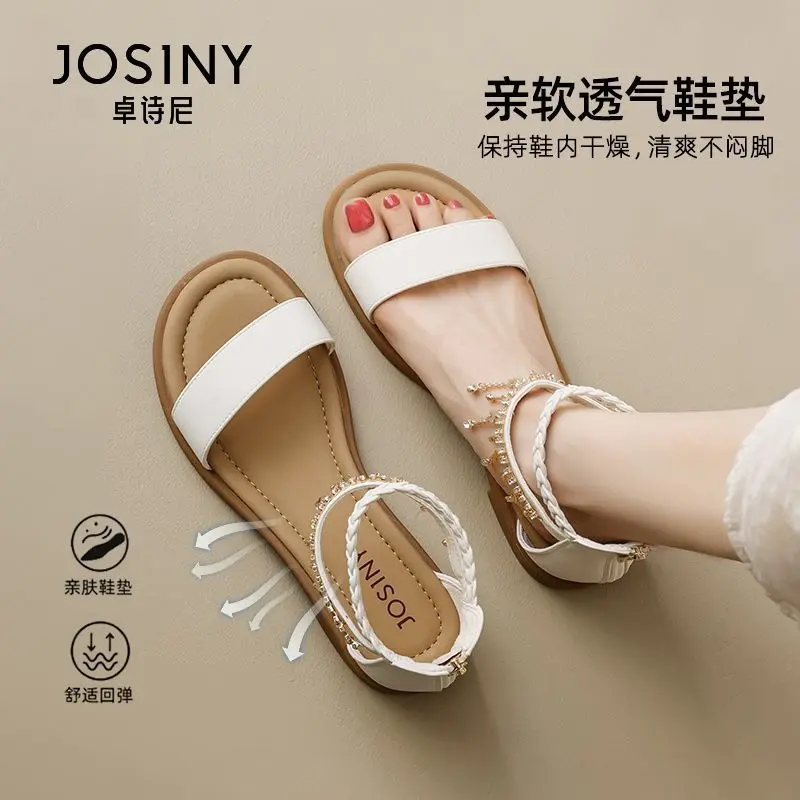 alt="Josiny প্রিমিয়াম বোহেমিয়ান ফ্ল্যাট স্যান্ডেল – রাইনস্টোন ও বিডেড ডিজাইনের সামার ফ্যাশন ওপেন টো স্যান্ডেল"