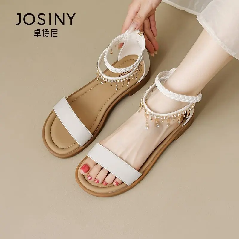 alt="Josiny প্রিমিয়াম বোহেমিয়ান ফ্ল্যাট স্যান্ডেল – রাইনস্টোন ও বিডেড ডিজাইনের সামার ফ্যাশন ওপেন টো স্যান্ডেল"