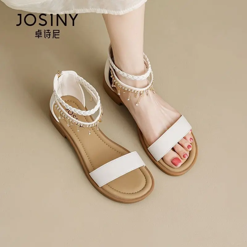 alt="Josiny প্রিমিয়াম বোহেমিয়ান ফ্ল্যাট স্যান্ডেল – রাইনস্টোন ও বিডেড ডিজাইনের সামার ফ্যাশন ওপেন টো স্যান্ডেল"