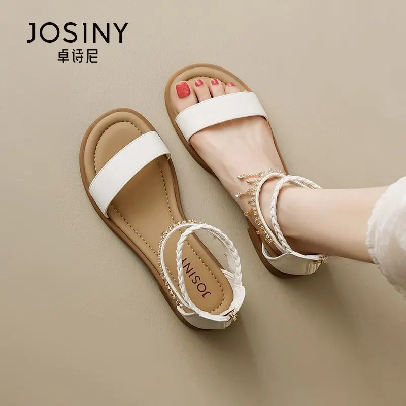 alt="Josiny প্রিমিয়াম বোহেমিয়ান ফ্ল্যাট স্যান্ডেল – রাইনস্টোন ও বিডেড ডিজাইনের সামার ফ্যাশন ওপেন টো স্যান্ডেল"