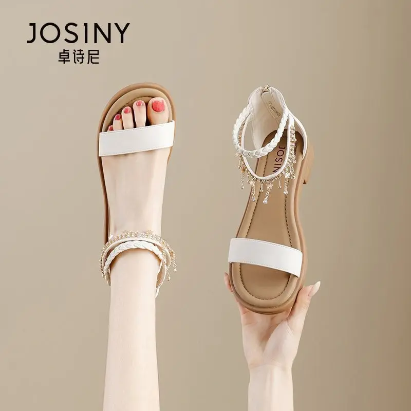 alt="Josiny প্রিমিয়াম বোহেমিয়ান ফ্ল্যাট স্যান্ডেল – রাইনস্টোন ও বিডেড ডিজাইনের সামার ফ্যাশন ওপেন টো স্যান্ডেল"