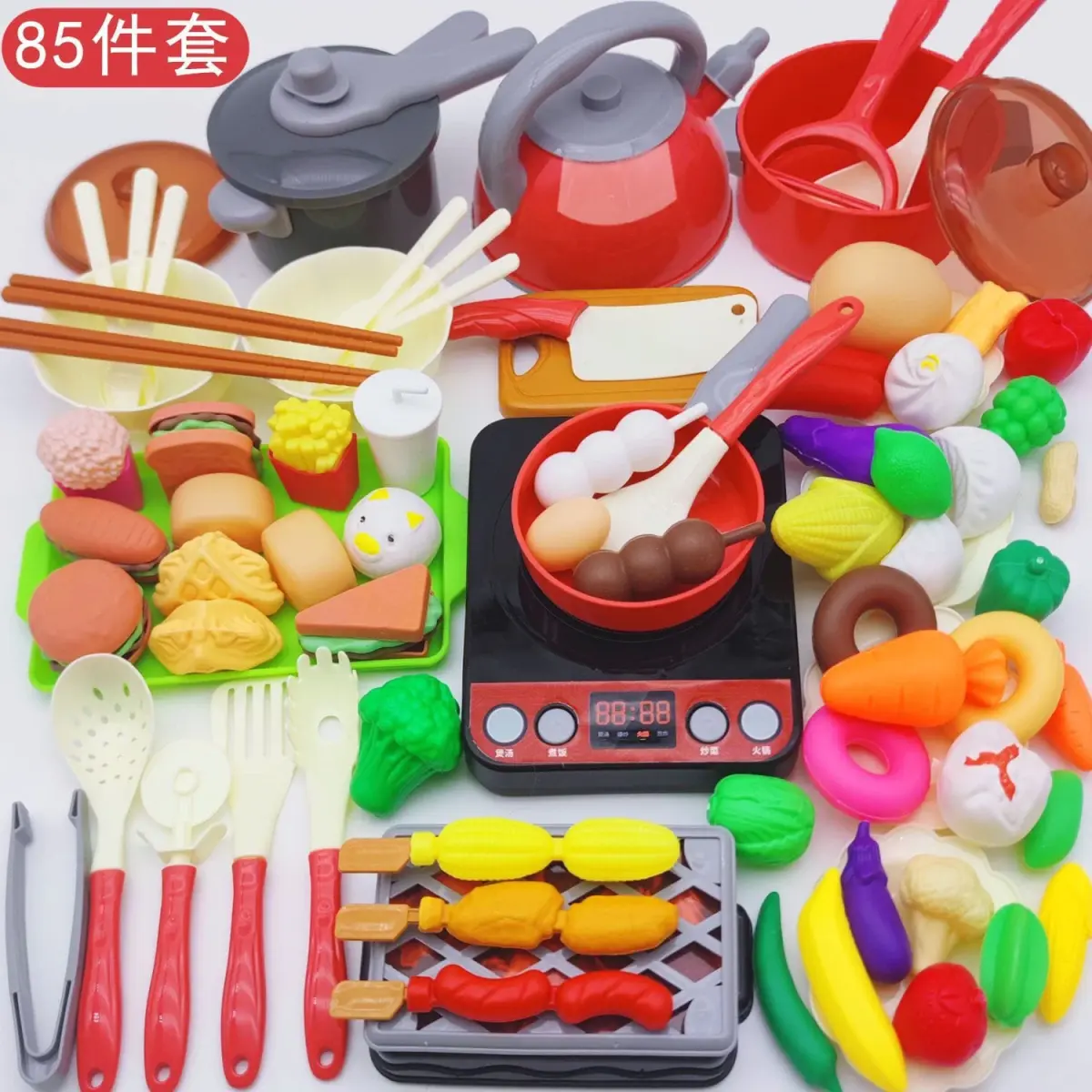 Red / 85-piece kitchen set with induction cooker-grill