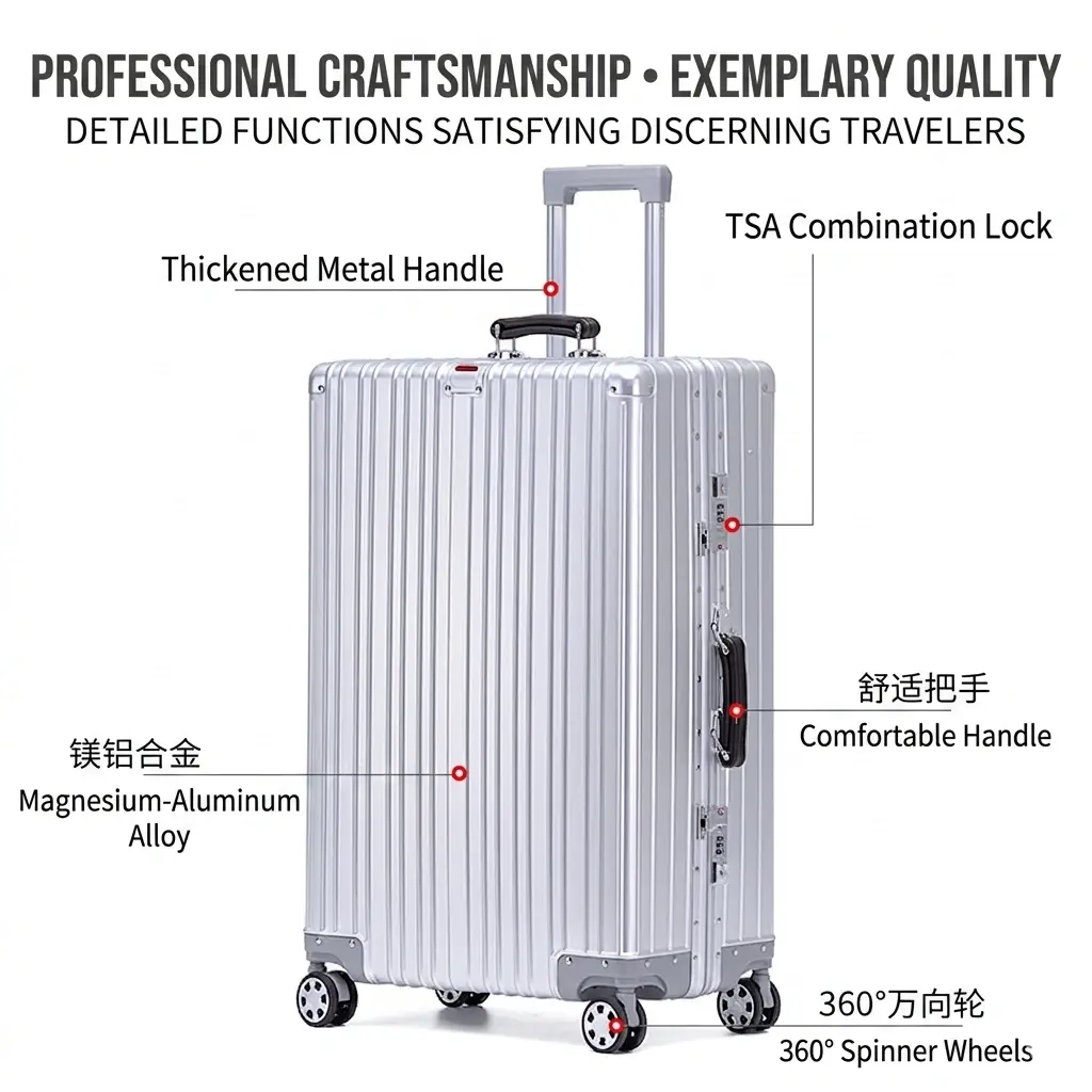 alt="KINGSGEAR Aluminum Magnesium Alloy Trolley Luggage – TSA লক ও 360° ইউনিভার্সাল হুইলসহ প্রিমিয়াম মেটাল ট্রাভেল স্যুটকেস"