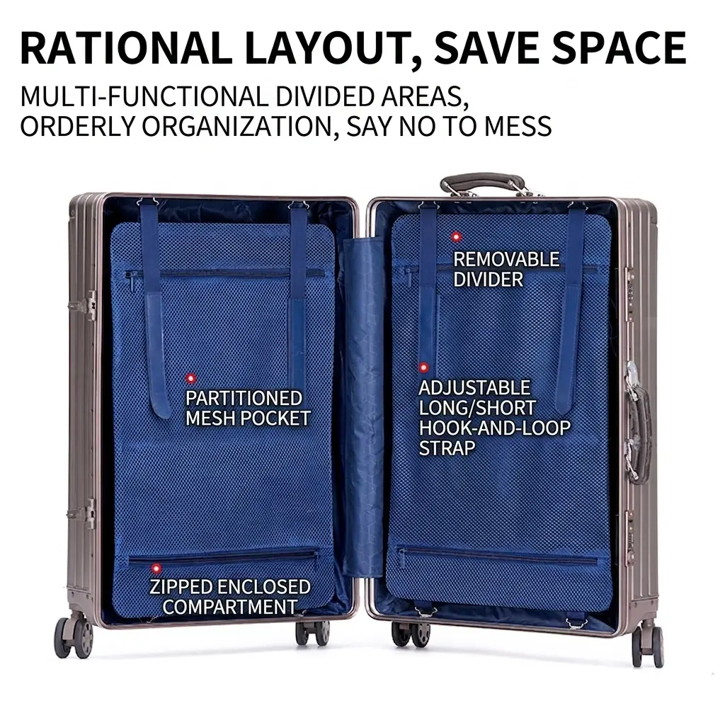 alt="KINGSGEAR Aluminum Magnesium Alloy Trolley Luggage – TSA লক ও 360° ইউনিভার্সাল হুইলসহ প্রিমিয়াম মেটাল ট্রাভেল স্যুটকেস"