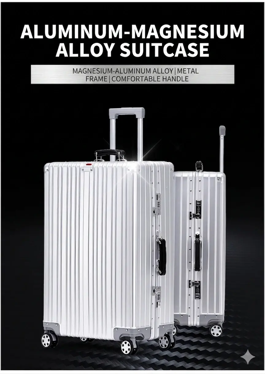 alt="KINGSGEAR Aluminum Magnesium Alloy Trolley Luggage – TSA লক ও 360° ইউনিভার্সাল হুইলসহ প্রিমিয়াম মেটাল ট্রাভেল স্যুটকেস"