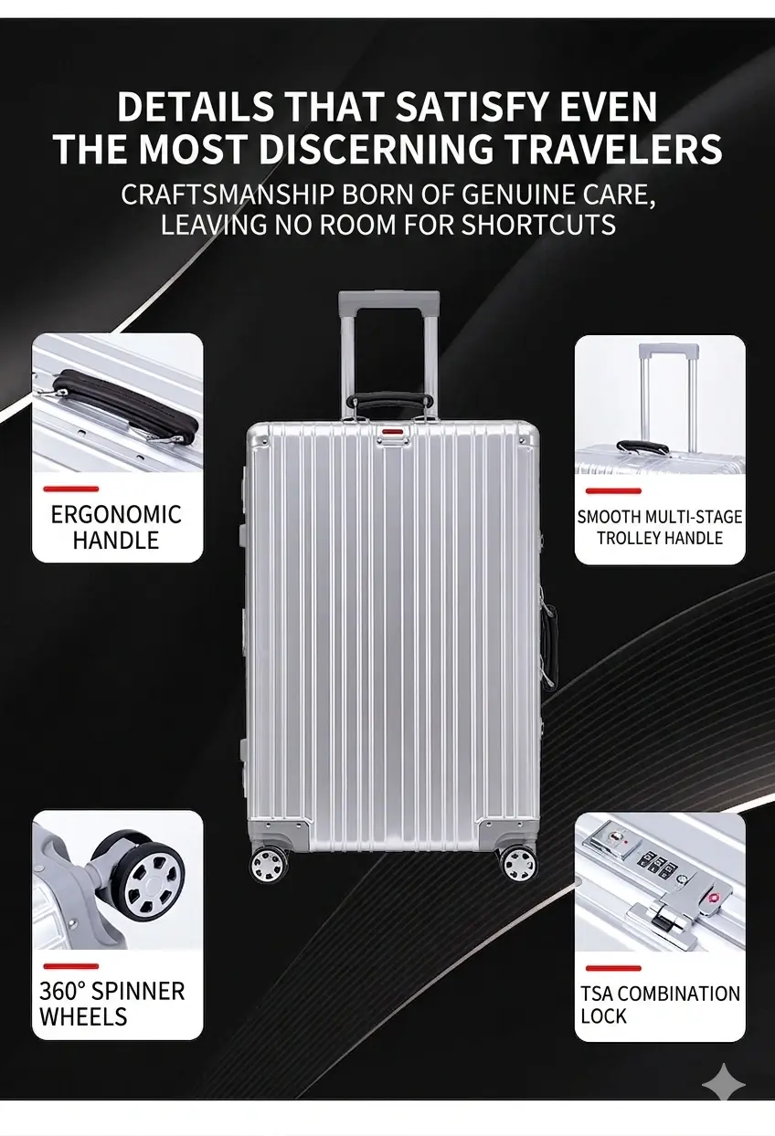 alt="KINGSGEAR Aluminum Magnesium Alloy Trolley Luggage – TSA লক ও 360° ইউনিভার্সাল হুইলসহ প্রিমিয়াম মেটাল ট্রাভেল স্যুটকেস"