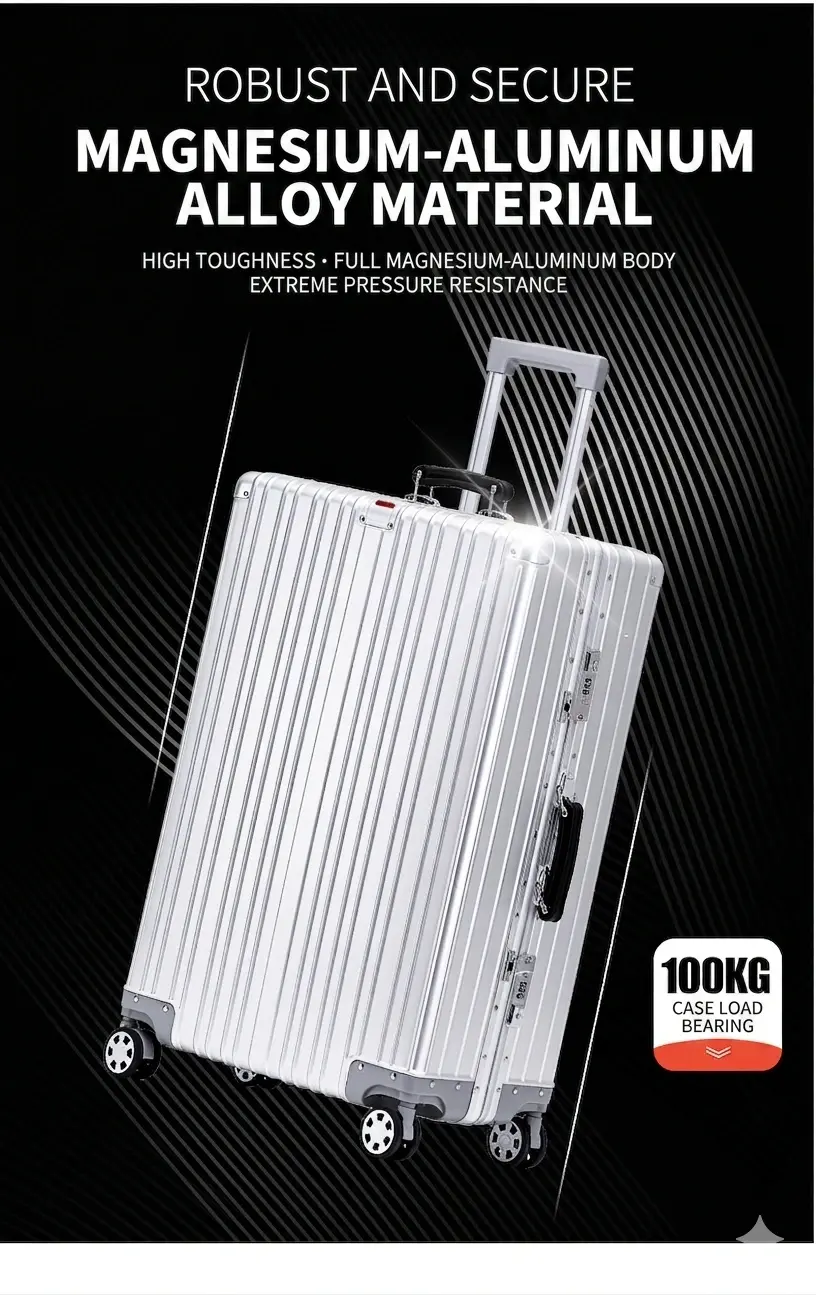 alt="KINGSGEAR Aluminum Magnesium Alloy Trolley Luggage – TSA লক ও 360° ইউনিভার্সাল হুইলসহ প্রিমিয়াম মেটাল ট্রাভেল স্যুটকেস"