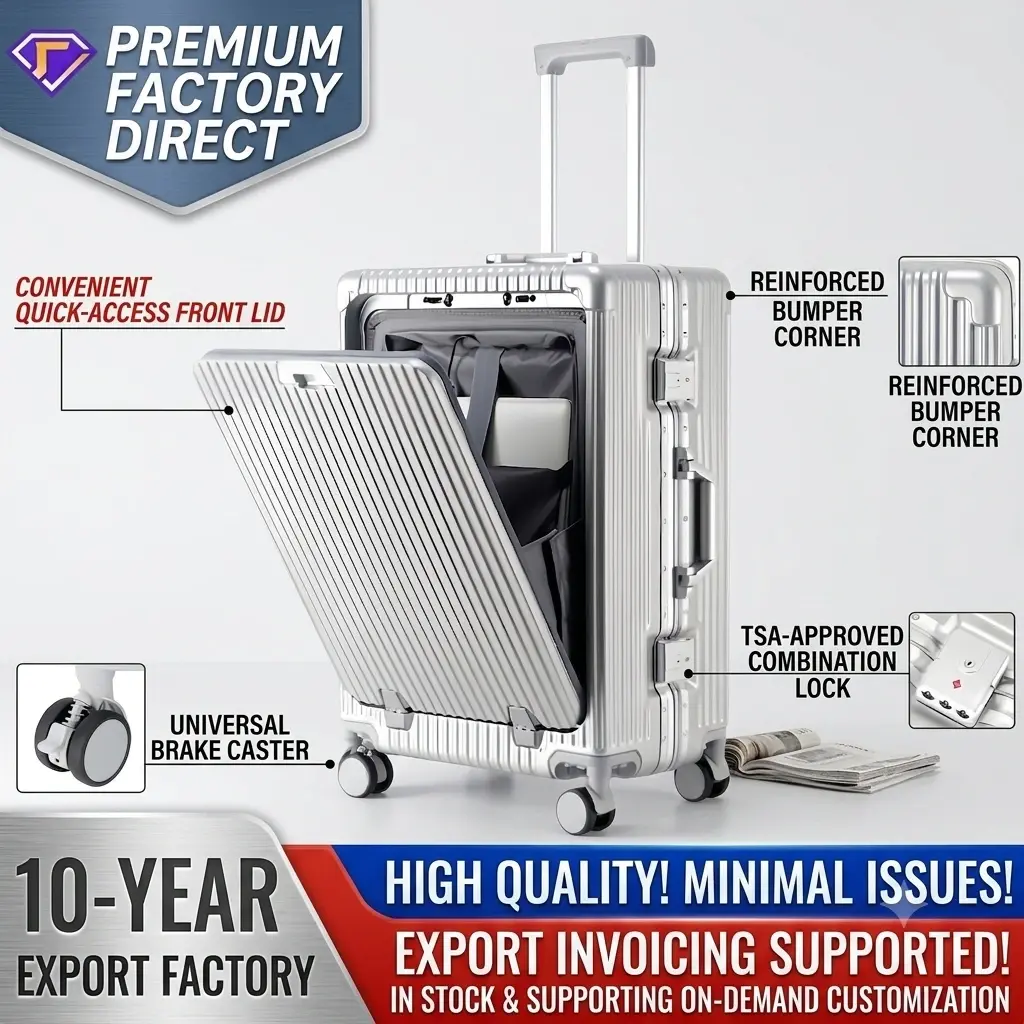 alt="KINGSGEAR Front Opening Aluminum Frame Suitcase – TSA লক, ওয়াটারপ্রুফ ডিজাইন ও এয়ারপ্লেন হুইলসহ প্রিমিয়াম ট্রাভেল ট্রলি লাগেজ"