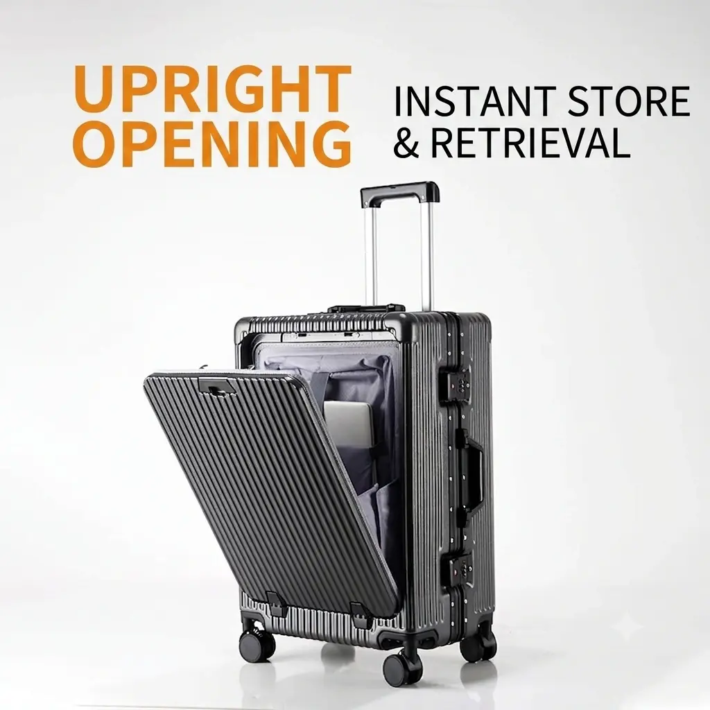 alt="KINGSGEAR Front Opening Aluminum Frame Suitcase – TSA লক, ওয়াটারপ্রুফ ডিজাইন ও এয়ারপ্লেন হুইলসহ প্রিমিয়াম ট্রাভেল ট্রলি লাগেজ"