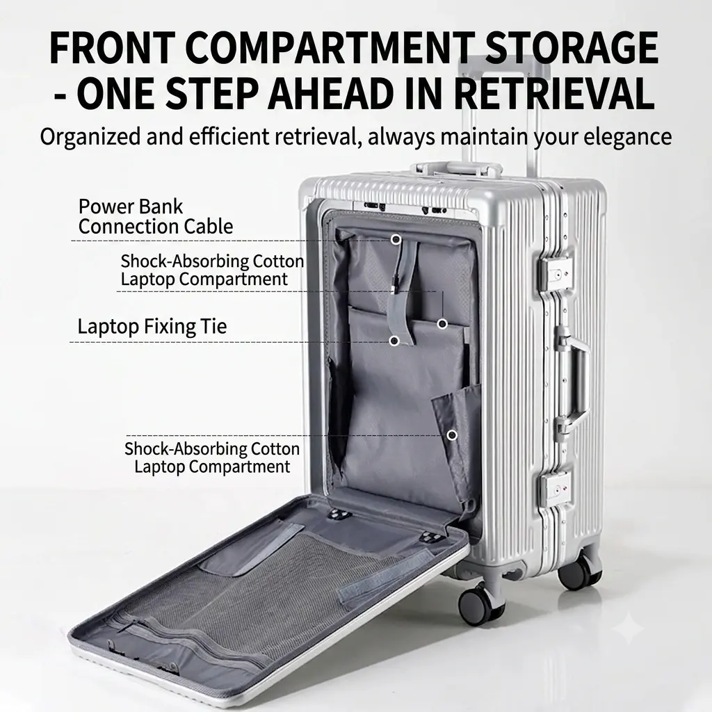alt="KINGSGEAR Front Opening Aluminum Frame Suitcase – TSA লক, ওয়াটারপ্রুফ ডিজাইন ও এয়ারপ্লেন হুইলসহ প্রিমিয়াম ট্রাভেল ট্রলি লাগেজ"