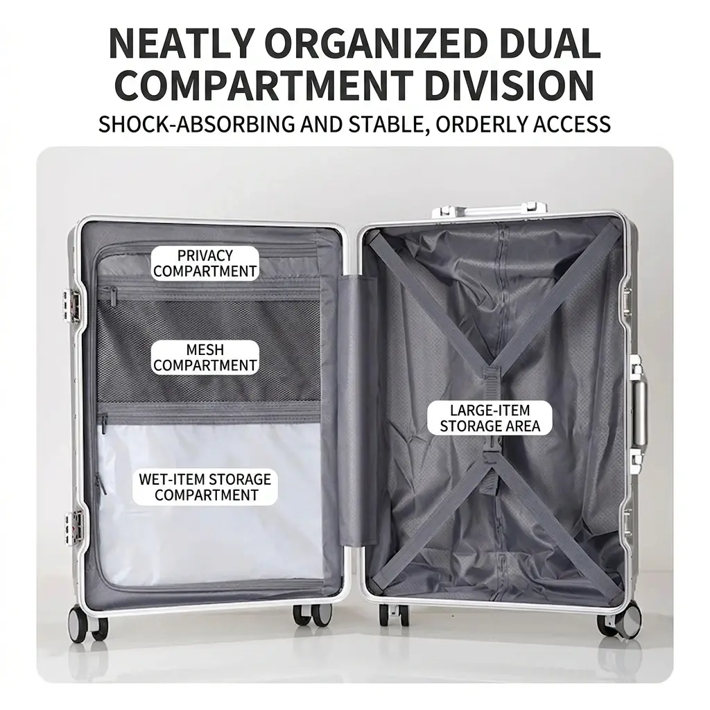 alt="KINGSGEAR Front Opening Aluminum Frame Suitcase – TSA লক, ওয়াটারপ্রুফ ডিজাইন ও এয়ারপ্লেন হুইলসহ প্রিমিয়াম ট্রাভেল ট্রলি লাগেজ"