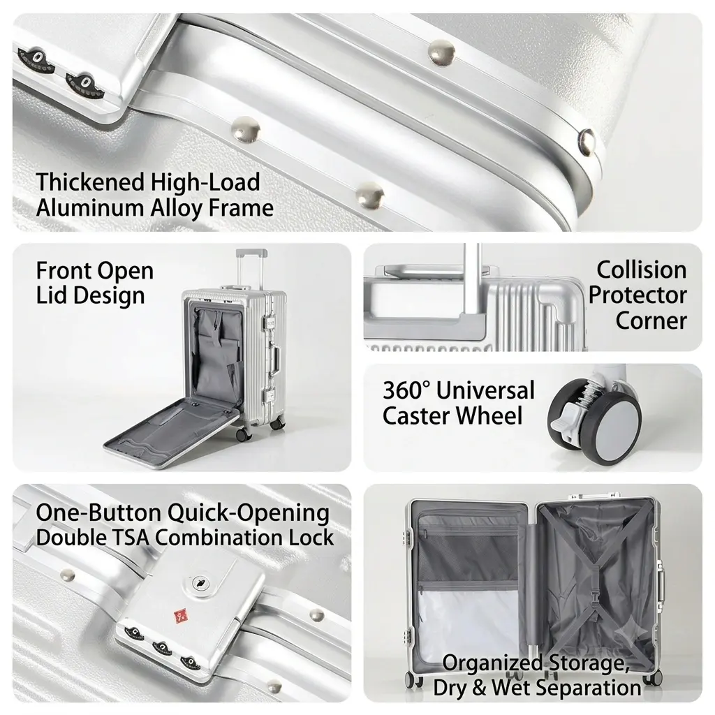 alt="KINGSGEAR Front Opening Aluminum Frame Suitcase – TSA লক, ওয়াটারপ্রুফ ডিজাইন ও এয়ারপ্লেন হুইলসহ প্রিমিয়াম ট্রাভেল ট্রলি লাগেজ"