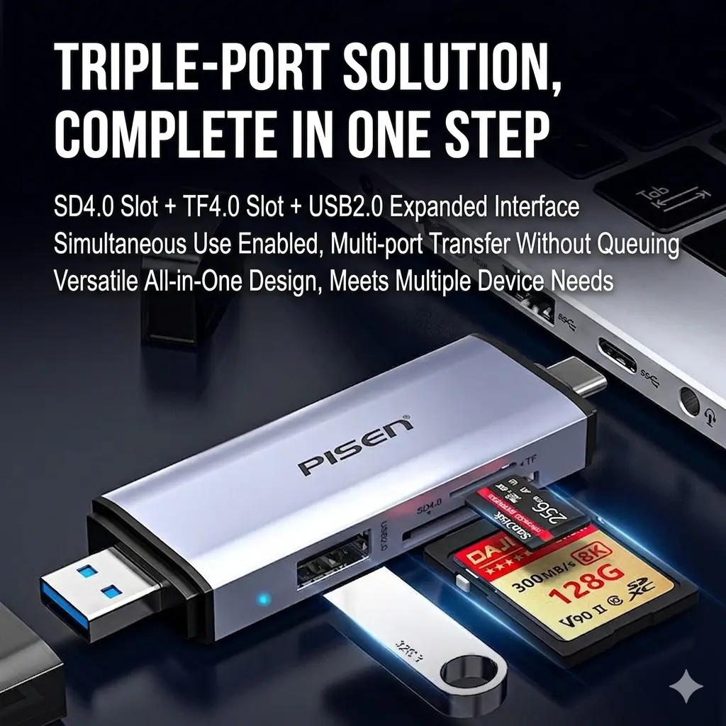 alt="Pisen NJ-HB47 প্রিমিয়াম USB 3.2 কার্ড রিডার – SD 4.0 ও TF 4.0 টাইপ-C মাল্টি-ফাংশন অ্যাডাপ্টার"