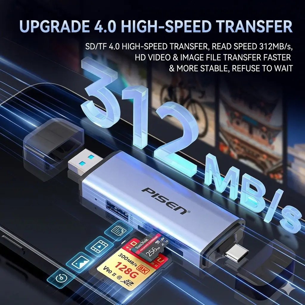 alt="Pisen NJ-HB47 প্রিমিয়াম USB 3.2 কার্ড রিডার – SD 4.0 ও TF 4.0 টাইপ-C মাল্টি-ফাংশন অ্যাডাপ্টার"