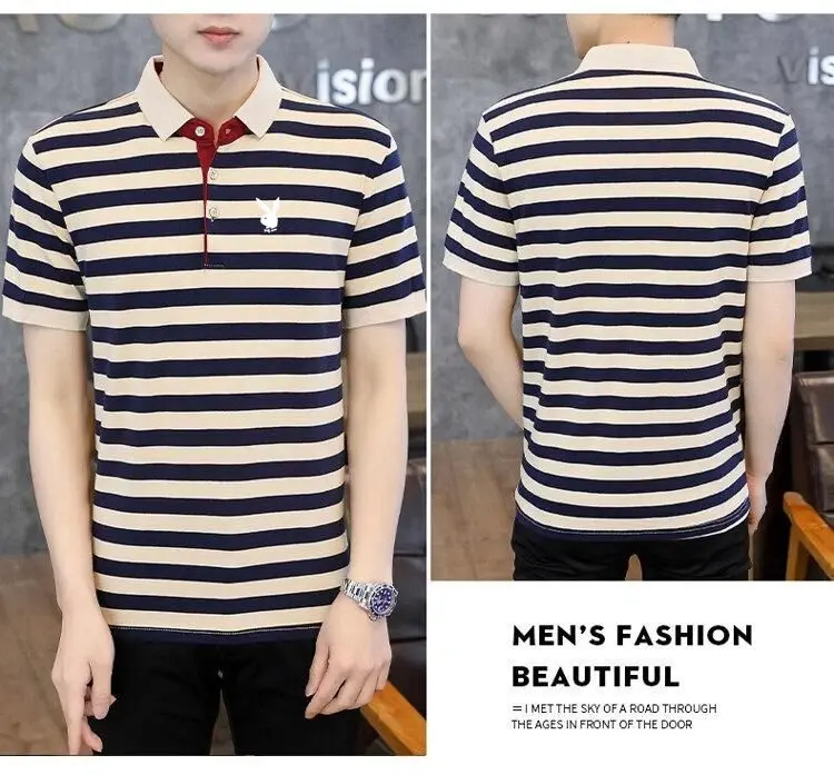 Chinese Premium  Men's Summer Cotton Polo Striped T-Shirt