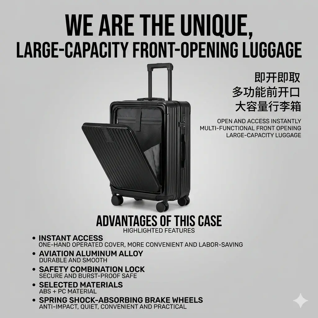 alt="KINGSGEAR Front Opening Trolley Suitcase – ইউএসবি চার্জিং পোর্ট, পাসওয়ার্ড লক ও 360° স্পিনার হুইলসহ প্রিমিয়াম হার্ড শেল ট্রাভেল লাগেজ"