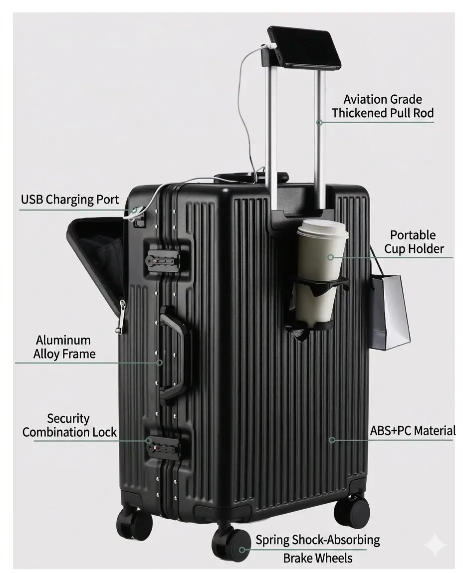 alt="KINGSGEAR Front Opening Trolley Suitcase – ইউএসবি চার্জিং পোর্ট, পাসওয়ার্ড লক ও 360° স্পিনার হুইলসহ প্রিমিয়াম হার্ড শেল ট্রাভেল লাগেজ"