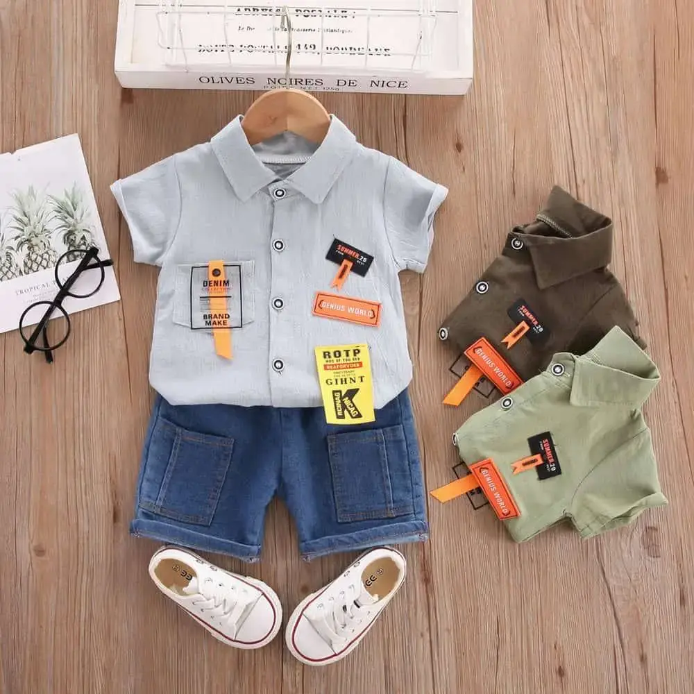 Denim Shorts Suit with a Printed Shirt Grey