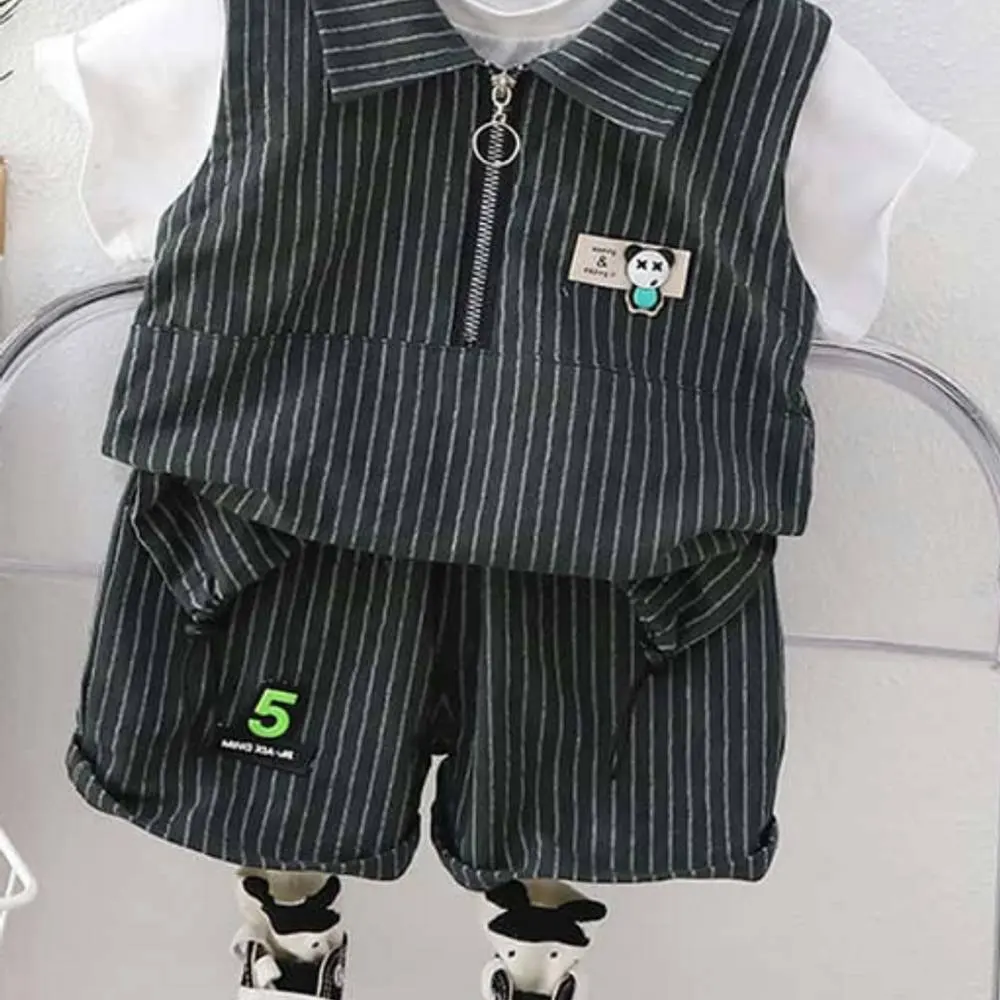 Striped Zipper Shirt and Pant Set - 3pcs set