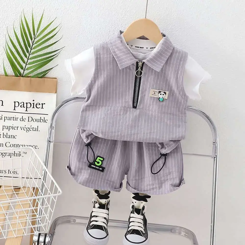 Striped Zipper Shirt and Pant Set - 3pcs set