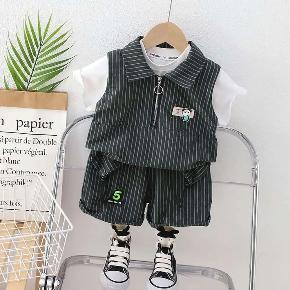 Striped Zipper Shirt and Pant Set - 3pcs set
