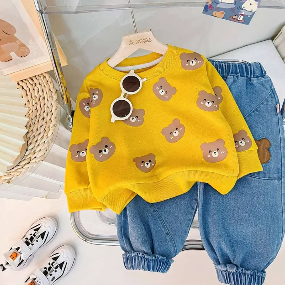 🧸 Bear Print Baby Winter Outfit Set- Winter tops and Pajama set