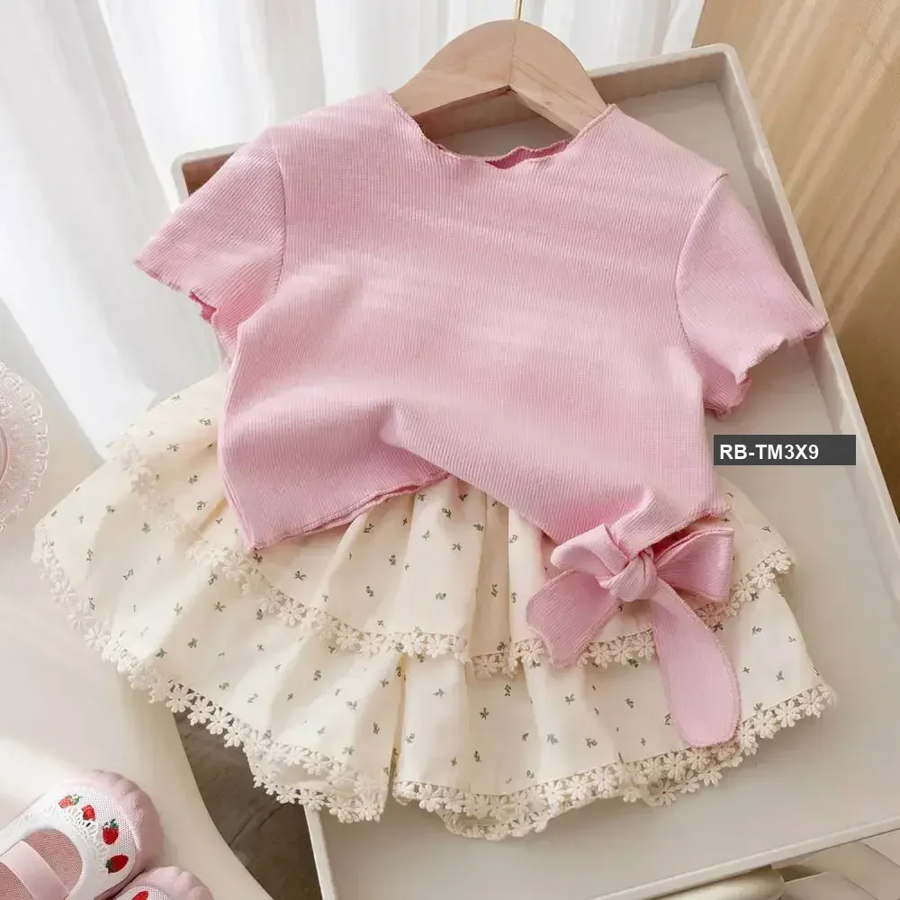 Mini Bloom Skirt Set - Adorable Pink & Cream Skirt Set for Girls 🌸