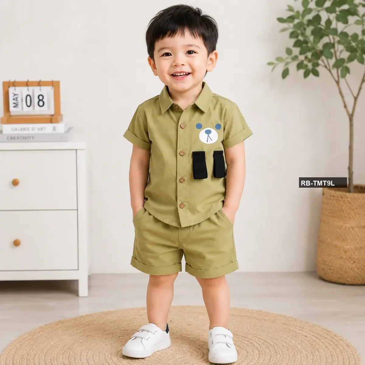 Smiley Shirt & Pant Olive - Imported Boys Summer Shirt Set