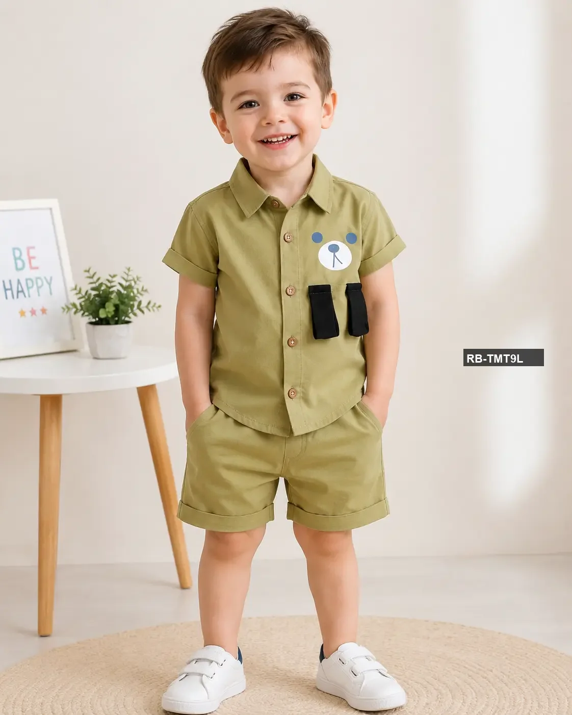 Smiley Shirt & Pant Olive - Imported Boys Summer Shirt Set